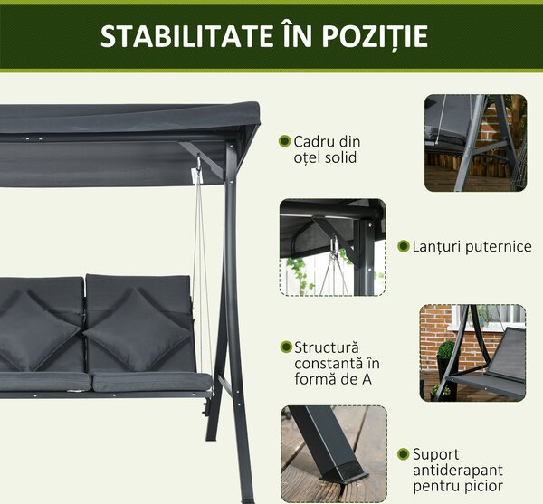 Outsunny Balansoar pentru Exterior de Grădină cu 3 Locuri și Acoperiș Reglabil, Perne Decorative, 202x115x168 cm, Gri | Aosom Romania