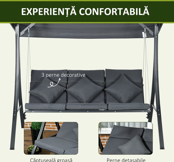 Outsunny Balansoar pentru Exterior de Grădină cu 3 Locuri și Acoperiș Reglabil, Perne Decorative, 202x115x168 cm, Gri | Aosom Romania