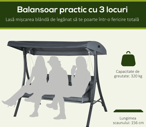 Outsunny Balansoar pentru Exterior de Grădină cu 3 Locuri și Acoperiș Reglabil, Perne Decorative, 202x115x168 cm, Gri | Aosom Romania
