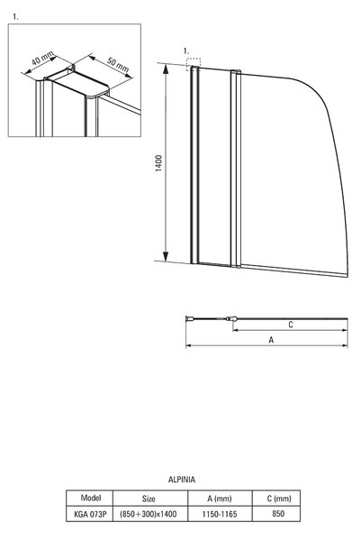Deante Alpinia, paravan de baie 115x140 cm cu 1 aripă pivotant (85 cm pivotant, 30 cm fix), sticlă transparentă cu EasyClean, profil cromat, KGA_072P