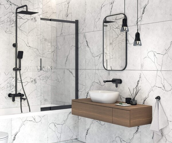 Deante Jasmin, paravan de baie 100x140 cm cu glisant, aripă rotativă, sticlă transparentă de 5 mm, profil negru, DEA-KTJ_N73R
