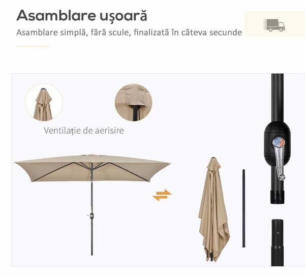 Outsunny Umbrelă de Grădină Înclinabilă cu Manivelă și 6 Spiţe, 2x3 m, Gri Închis | Aosom Romania