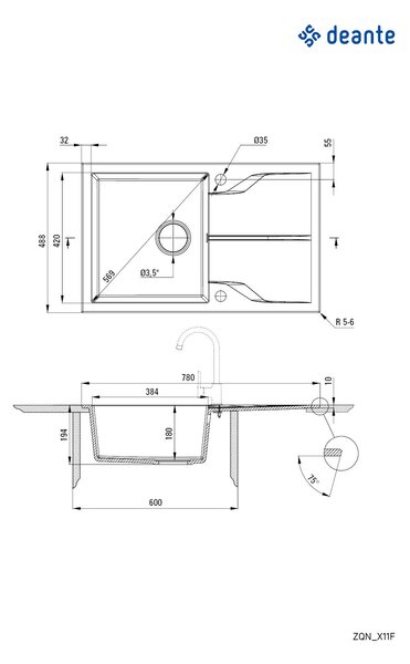 Deante Andante Flush, chiuvetă din granit 780x490x194 mm, 3,5" + sifon care economisește spațiu, 1 cameră, grafit metalic, ZQN_G11F