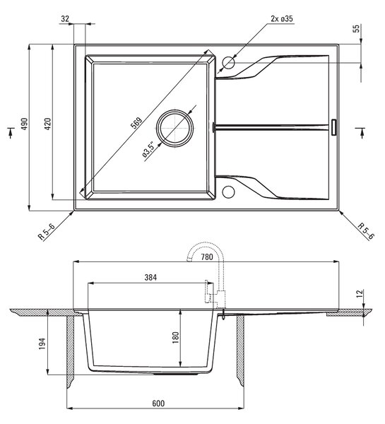 Deante Andante Flush, chiuvetă din granit 780x490x194 mm, 3,5" + sifon care economisește spațiu, 1 cameră, grafit metalic, ZQN_G11F