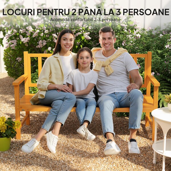 Outsunny Bancă de Grădină pentru 2-3 Persoane din Lemn de Pin, Bancă de Exterior cu Măsuță Rabatabilă și Brațe, pentru Balcon și Terasă, 153x56x91 cm, Maro Deschis | Aosom Romania