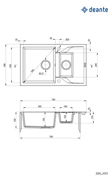 Deante Andante, chiuveta granit 780x490x194 mm + sifon de economisire a spațiului, 1,5 camere, grafit metalic, ZQN_G513