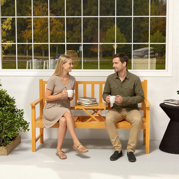 Outsunny Bancă de Grădină pentru 2-3 Persoane din Lemn de Pin, Bancă de Exterior cu Măsuță Rabatabilă și Brațe, pentru Balcon și Terasă, 153x56x91 cm, Maro Deschis | Aosom Romania