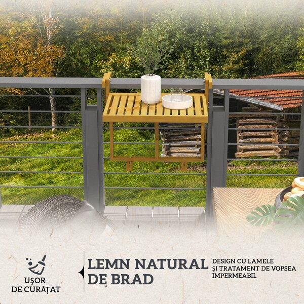 Outsunny Masă Suspendată de Exterior, Masă Reglabilă pentru Balustradă, Blat Suport cu Montare pe Perete, 68x65x40,5-55 cm, Tec | Aosom Romania