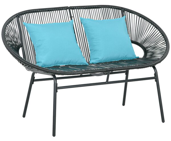 Outsunny Bancă de grădină cu 2 locuri din metal și sfoară din rășină cu 2 perne - dim. 132L x 72l x 83Î cm - negru | Aosom Romania