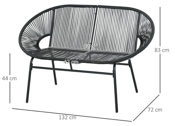 Outsunny Bancă de grădină cu 2 locuri din metal și sfoară din rășină cu 2 perne - dim. 132L x 72l x 83Î cm - negru | Aosom Romania