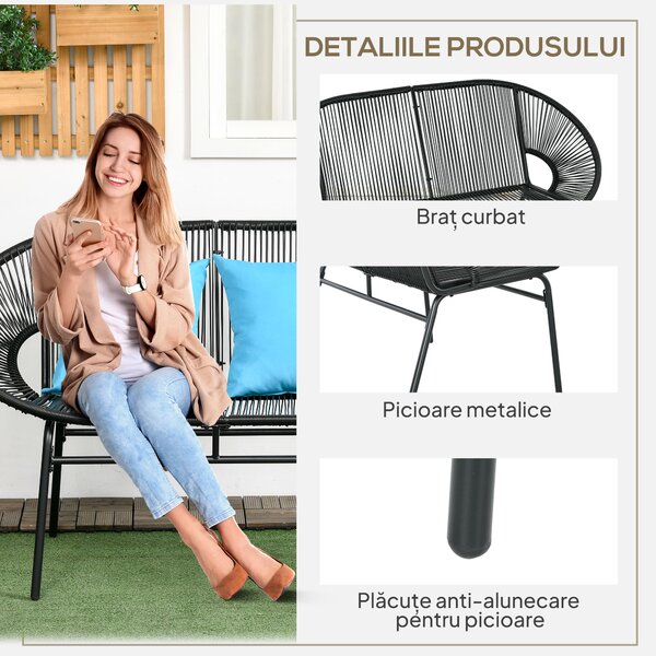 Outsunny Bancă de grădină cu 2 locuri din metal și sfoară din rășină cu 2 perne - dim. 132L x 72l x 83Î cm - negru | Aosom Romania