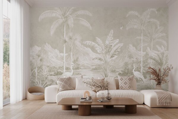 Tapet Peisaj tropical luminos, cu palmieri, păsări și munți, Fototapet Natură, w05819v1 : Uwalls.ro