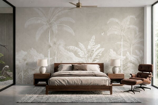 Tapet Peisaj tropical luminos, cu palmieri, păsări și munți, Fototapet Natură, w05819v1 : Uwalls.ro