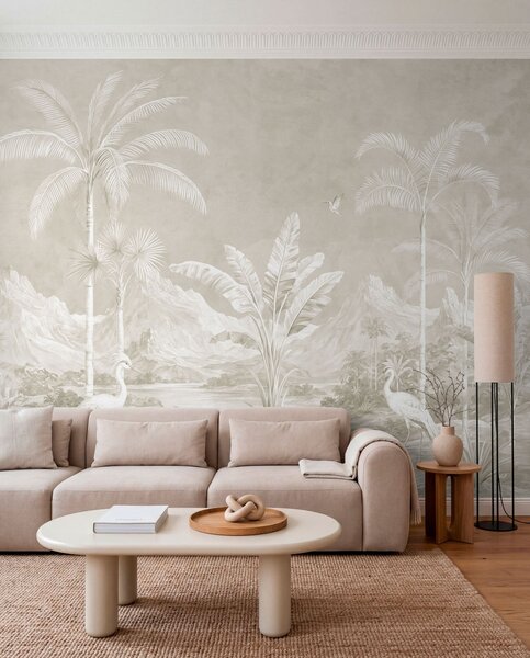 Tapet Peisaj tropical luminos, cu palmieri, păsări și munți, Fototapet Natură, w05819v1 : Uwalls.ro