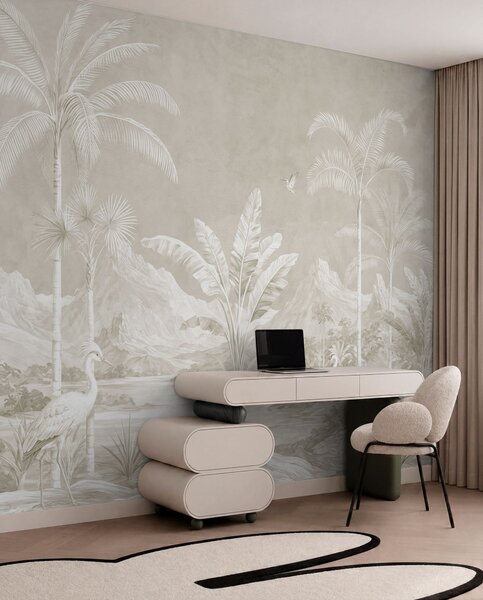 Tapet Peisaj tropical luminos, cu palmieri, păsări și munți, Fototapet Natură, w05819v1 : Uwalls.ro