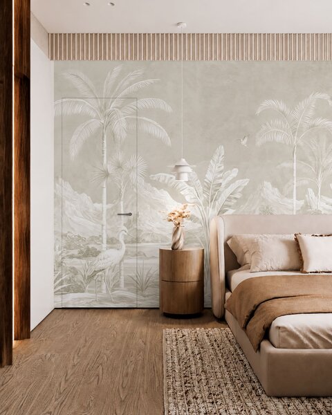 Tapet Peisaj tropical luminos, cu palmieri, păsări și munți, Fototapet Natură, w05819v1 : Uwalls.ro