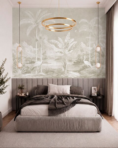 Tapet Peisaj tropical luminos, cu palmieri, păsări și munți, Fototapet Natură, w05819v1 : Uwalls.ro