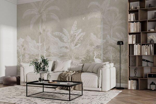 Tapet Peisaj tropical luminos, cu palmieri, păsări și munți, Fototapet Natură, w05819v1 : Uwalls.ro