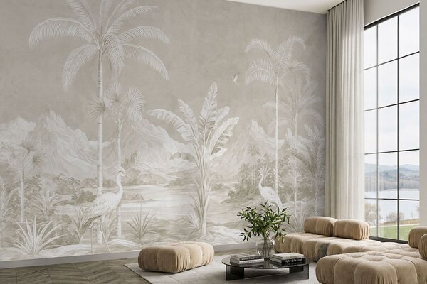 Tapet Peisaj tropical luminos, cu palmieri, păsări și munți, Fototapet Natură, w05819v1 : Uwalls.ro