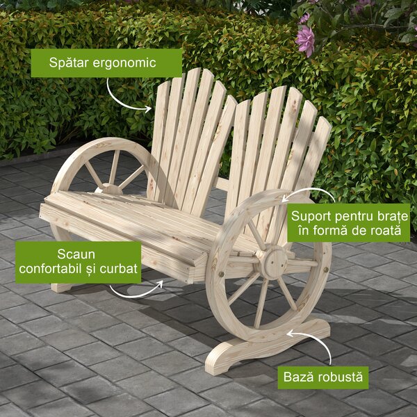 Outsunny Bancă de Grădină pentru 2 Persoane cu Mânere în Formă de Roată, Bancă de Exterior din Lemn de Brad, pentru Terasă și Curte, 108x66x95 cm, Finisaj Lemn Natural | Aosom Romania