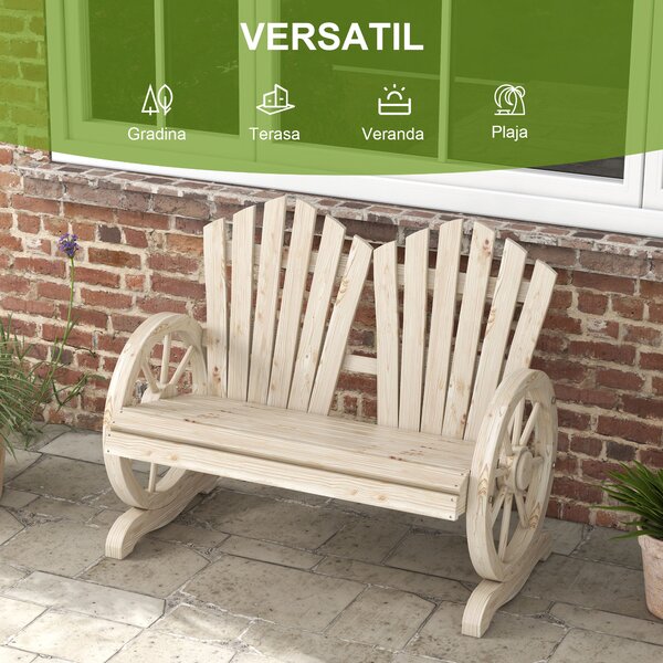 Outsunny Bancă de Grădină pentru 2 Persoane cu Mânere în Formă de Roată, Bancă de Exterior din Lemn de Brad, pentru Terasă și Curte, 108x66x95 cm, Finisaj Lemn Natural | Aosom Romania