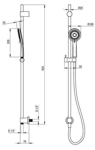 Deante Arnika, coloană de duș 95 cm cu racord încastrat și cap manual cu 3 funcții și furtun de duș 150 cm, crom, NQA_061K