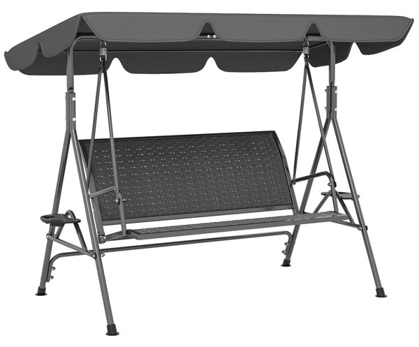 Outsunny Leagăn de Grădină 3 Locuri din Ratan PE cu Acoperiș Reglabil și Suporturi pentru Pahare, Leagăn de Exterior cu Cadru din Oțel, Capacitate 320 kg, 204x112x150 cm, Gri | Aosom Romania