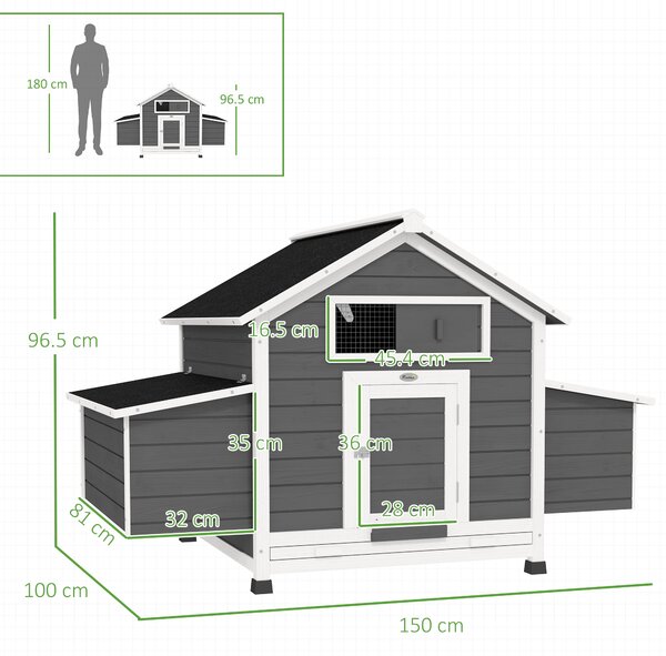 PawHut Coteț din Lemn pentru Exterior cu 2 Cuiburi de Ouă, Adăpost pentru Găini cu Tavă Detașabilă și Acoperiș din Asfalt, pentru 2-4 Găini, Gri | Aosom Romania