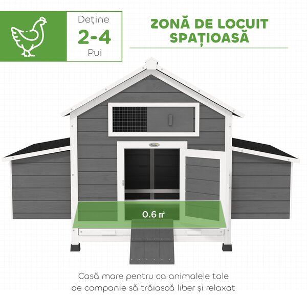 PawHut Coteț din Lemn pentru Exterior cu 2 Cuiburi de Ouă, Adăpost pentru Găini cu Tavă Detașabilă și Acoperiș din Asfalt, pentru 2-4 Găini, Gri | Aosom Romania