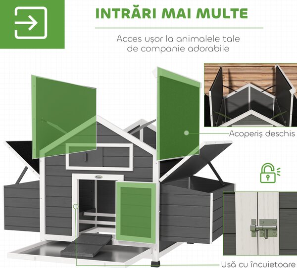 PawHut Coteț din Lemn pentru Exterior cu 2 Cuiburi de Ouă, Adăpost pentru Găini cu Tavă Detașabilă și Acoperiș din Asfalt, pentru 2-4 Găini, Gri | Aosom Romania