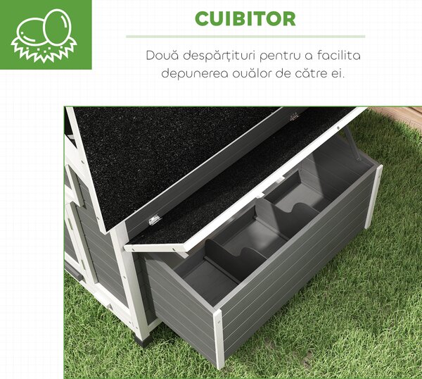 PawHut Coteț din Lemn pentru Exterior cu 2 Cuiburi de Ouă, Adăpost pentru Găini cu Tavă Detașabilă și Acoperiș din Asfalt, pentru 2-4 Găini, Gri | Aosom Romania