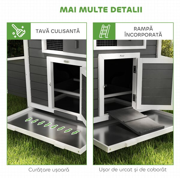 PawHut Coteț din Lemn pentru Exterior cu 2 Cuiburi de Ouă, Adăpost pentru Găini cu Tavă Detașabilă și Acoperiș din Asfalt, pentru 2-4 Găini, Gri | Aosom Romania