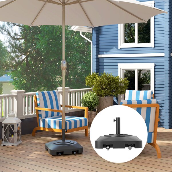 Outsunny Bază pentru Umbrelă cu Roți și 2 Frâne, Bază Reumplibilă din HDPE pentru Umbrelă cu Nisip 25 kg sau Apă 19 kg, pentru Stâlpi de Ø38/48 mm, 48x48x32,5 cm, Negru | Aosom Romania