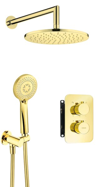 Deante Box, set de dus cu dus de mana si cu efect de ploaie si robinet termostatic cu sistem de montare cutie BOX, auriu lucios, DEA-BXYZGEBT