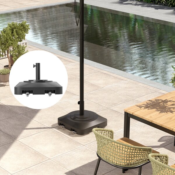 Outsunny Bază pentru Umbrelă cu Roți și 2 Frâne, Bază Reumplibilă din HDPE pentru Umbrelă cu Nisip 25 kg sau Apă 19 kg, pentru Stâlpi de Ø38/48 mm, 48x48x32,5 cm, Negru | Aosom Romania