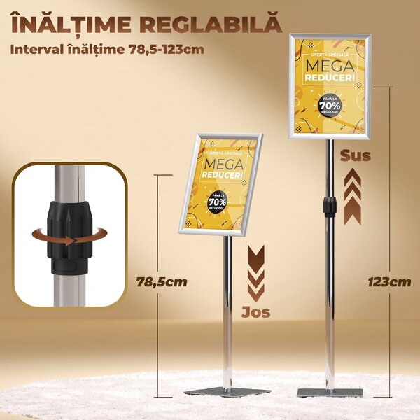 HOMCOM Suport Poster A3, Expozitor Publicitar de Podea cu Înălțime și Înclinare Reglabile, 40x30x129-135 cm, Argintiu | Aosom Romania