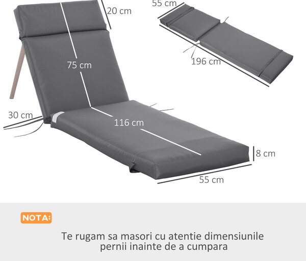 Outsunny Set 2 Perne pentru Scaune de Exterior cu Curele, Perne de Exterior Umplute cu Bumbac și Poliester, pentru Șezlonguri, Fotolii de Grădină, 196x55x8 cm, Gri Închis | Aosom Romania