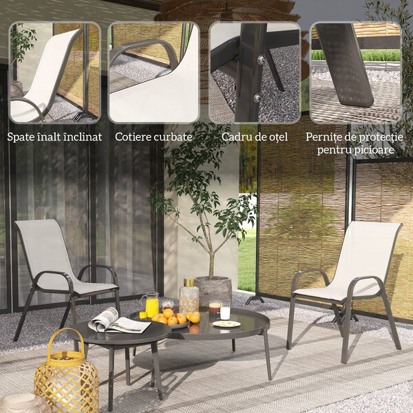 Outsunny Set de 2 Scaune de Exterior pentru Masă, Scaune Stivuibile cu Spătar Înalt, Șezut din Plasă Respirabilă pentru Grădină, Terasă, Gri Deschis | Aosom Romania