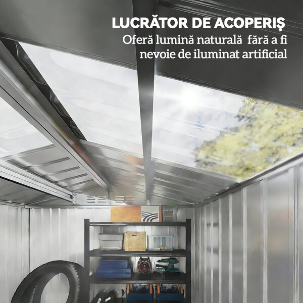 Outsunny Magazie de grădină metalică 2,77 m², 213 x 130 x 185 cm cu fundație, uși culisante, gri închis | Aosom Romania