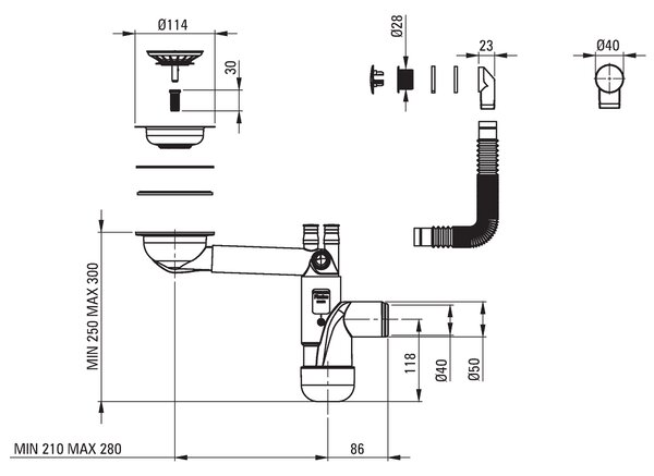 Deante Corda, chiuvetă sub placă din granit 380x460x194 mm, 3,5" + sifon cu economie de spațiu, 1 cameră, antracit metalic, ZQA_T10B