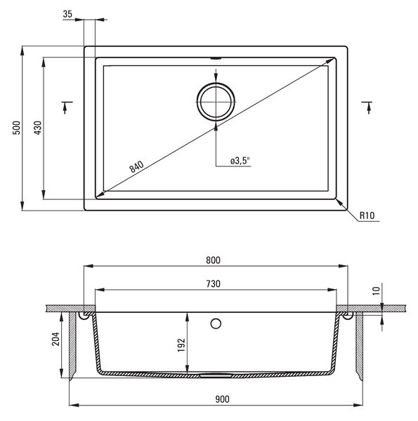 Deante Corda, chiuveta subtop granit 800x500x204 mm, 3,5" + sifon de economisire a spațiului, 1 cameră, antracit metalic, ZQA_T10D