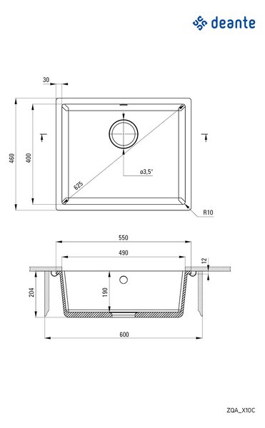 Deante Corda, chiuveta subtop granit 550x460x204 mm, 3,5" + sifon de economisire a spațiului, 1 cameră, alb, ZQA_A10C