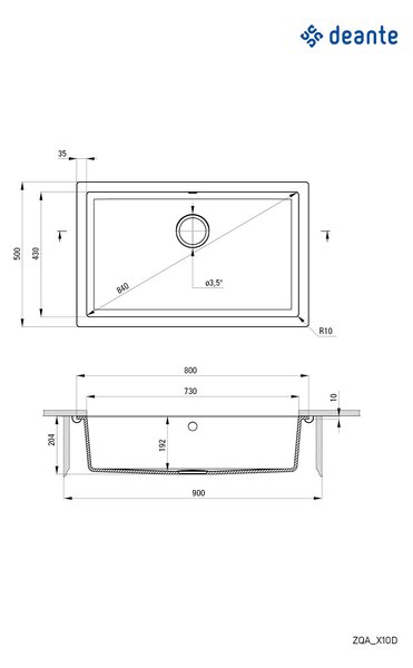 Deante Corda, chiuveta subtop granit 800x500x204 mm, 3,5" + sifon de economisire a spațiului, 1 cameră, antracit metalic, ZQA_T10D