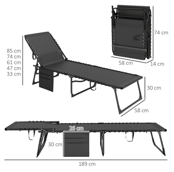 Outsunny Șezlong Pliabil, Spătar Reglabil în 5 Trepte, Pernă, Tapițerie, până la 120 kg, Oțel, Gri Deschis, 58 x 189 x 32,5 cm | Aosom Romania
