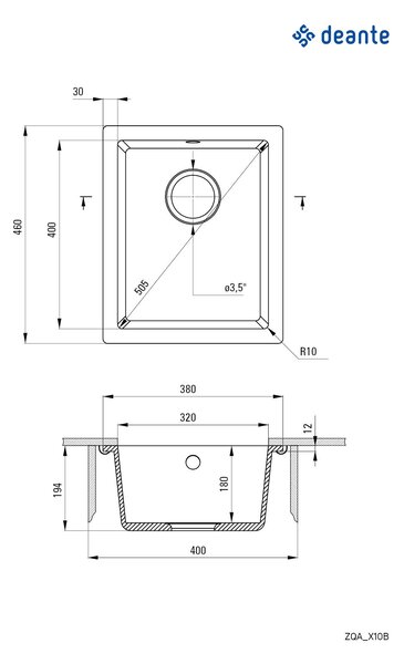 Deante Corda, chiuvetă sub placă din granit 380x460x194 mm, 3,5" + sifon cu economie de spațiu, 1 cameră, antracit metalic, ZQA_T10B
