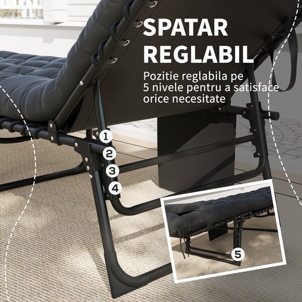 Outsunny Șezlong Pliabil, Spătar Reglabil în 5 Trepte, Pernă, Tapițerie, până la 120 kg, Oțel, Gri Deschis, 58 x 189 x 32,5 cm | Aosom Romania