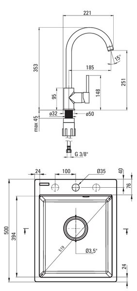 Deante Corio, chiuveta granit cu 1 camera 500x400x211mm + robinet chiuveta neagra, gri metalic, DEA-ZRCBS103