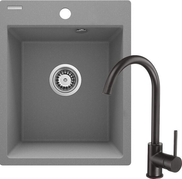 Deante Corio, chiuveta granit cu 1 camera 500x400x211mm + robinet chiuveta neagra, gri metalic, DEA-ZRCBS103