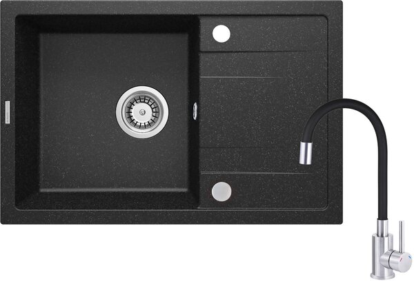 Deante Corio, chiuveta blat granit 670x440x175 mm + baterie chiuveta cu brat flexibil crom-negru + 3.5" + sifon de economisire a spatiului, 1 camera,…