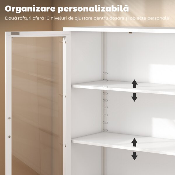 HOMCOM Dulap pentru Documente din Oțel cu 2 Uși din Sticlă Securizată, Dulap de Birou cu Rafturi Reglabile, Dulap Multifuncțional pentru Depozitare, Birou, Cameră de Studii, Casă, 80x40x110 cm, Alb | Aosom Romania